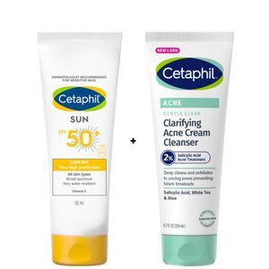 Cetaphil Light Gel  SPF 50+ Sunscreen + 2% Salicylic Acid Clarifying Acne Cream Cleanser. Protects against UVA/UVB rays, Deeply Cleanses to Treat Acne, Remove Breakouts, Acne Blemishes, Blackheads, Whiteheads, Exfoliates, Unclogs pores & Soothes the skin