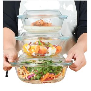 3-piece borosilicate glass casserole dish set featuring nested round bowls with matching glass lids.