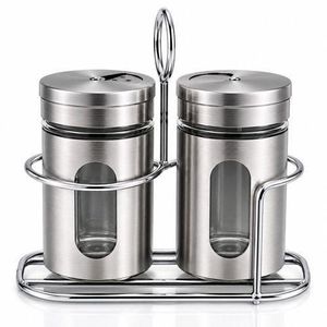 Stainless Steel & Glass Salt and Pepper Shaker Set with Stand, Rust-Free & Airtight Spice Jars for Oregano, Chilli Flakes,Namak Dani , Dining Table Masala Box, Sugar, Seasoning Sprinkler