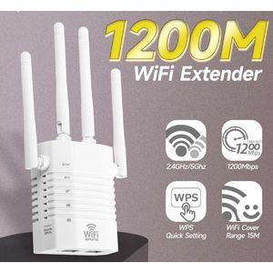 Dual Band WiFi Repeater 1200Mbps – 4 Antenna WiFi Extender, 2.4GHz & 5GHz Wireless Signal Booster, 2 LAN Ports, Wall Penetration for Home Office – White