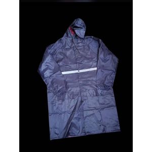 unisex blue long raincoat features a reflective strip across the waist for increased visibility.
