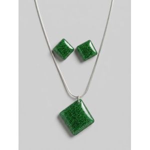 Imara Creations Emerald Green Glitter Resin Pendant Necklace & Stud Earrings Set
