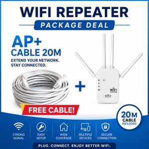 WiFi Repeater AP with FREE 20M Ethernet Cable – Extend WiFi Coverage- White