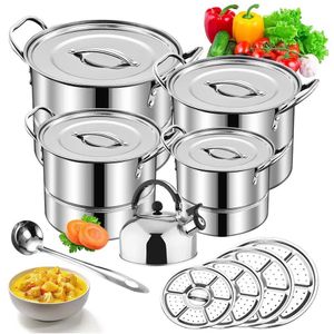 KITCHA 14-Piece Stainless Steel Cooking Pot & Steamer Set with 3L Kettle, 24–30cm – Silver