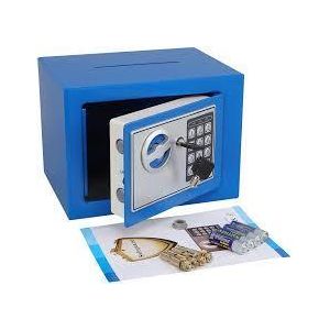  mini-size steel safe box featuring a digital keypad and a physical key lock.