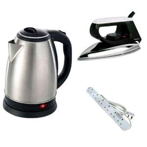 Saachi Flat Iron, 2L Electric Kettle & Power King 6 Way - Silver
