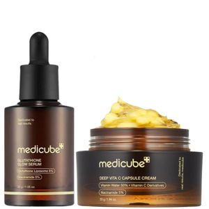 Medicube Glutathione Glow Serum + Deep Vita C Capsule Cream with Alpha arbutin. Moisturizes, Fade Dark Spots, Pigmentations, Acne Marks, Blemishes, Crow's feet, smile lines & Forehead Wrinkles, Brightens, Evens, Firms, Improve Elasticity & give a Glass Glow