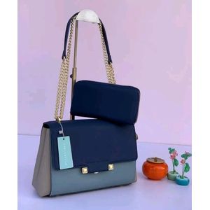 CHRISBELLA two tone faux leather handbag with a navy blue upper portion and a gray lower portion with a matching navy blue pouch 