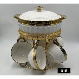 Fancy Ceramic Soup Pot Set 6 Soup Bowls/Cups with Gold Stand & Lid