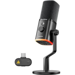 maono PD100W USB Wireless Microphone for PC, Gaming Streaming Dynamic Mic with One-Click Noise Reduction,Mute Button,Custom RGB, 3.5mm Headphone Jack, Desktop Podcasting Mic for Computer Phone, Black