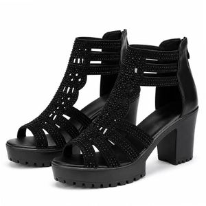 SHJO Trendy Women Shoes Party Faux Leather Breathable Chunky Heel Elegant Comfortable Black Sandals
