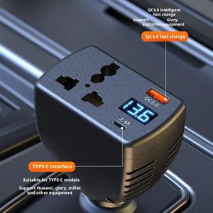 150W Car Inverter 12V-24V to 110V-220V – Digital Display, QC3.0 USB + Type-C PD, Universal Socket, Power Converter for Laptop, Phone, Appliances – Black