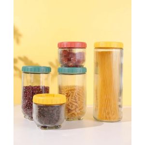 5 Pieces Glass Storage Jars,Glass Food Storage Containers,Canister Set for Kitchen Counter with Stackable Airtight Plastic Lid, Storage for Candy, Cookies, Rice, Sugar, Flour, Pasta, Nuts, and Spices 