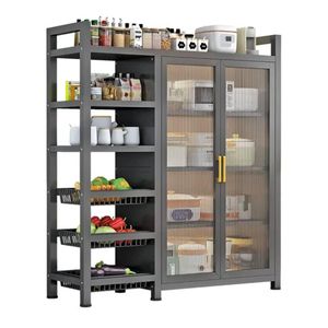 multi-functional carbon steel kitchen storage rack and pantry cabinet featuring open side shelves, pull-out wire vegetable baskets, and a double-door enclosed glass/acrylic cabinet.