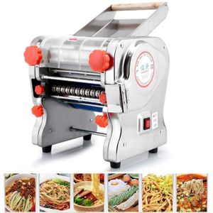 electric stainless steel noodle making machine, featuring a blue motor and red adjustable knobs.