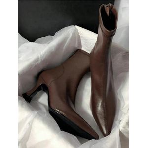 Autumn 2025 Autumn/Winter New Classy Brown High Heel Ankle Boots For Women, Pointed Toe Elastic Slim Fit Thermal Lined Ankle Boots
