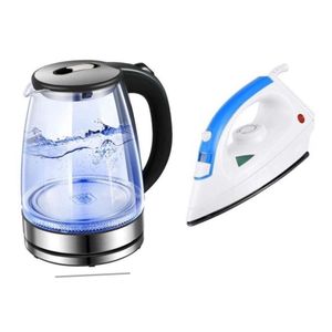 Original 2L Glass Electric Kettle With LED Blue Light And A Non Stick Steam Flat Iron- Silver , Black