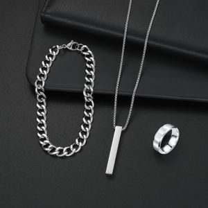 iyooyoo 3 PCs Jewelry Set for Men, Rectangular column Pendant Necklace+Cuban Link Bracelet+Band Ring, Stainless Steel silver