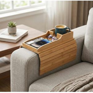 Flexible Bamboo Sofa Armrest Tray Table,Roll-Up Couch Arm Rest Organizer,Wooden Cup Holder & Phone Stand