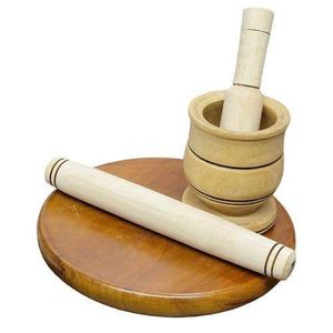 Quality Chapati Maker and Rolling Pin + A wooden Grinding Mortar- Brown