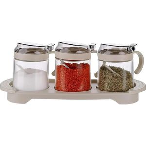 3 Pcs Set Glass Pickle Food Seasoning Jars with Tray Spoons, Kitchen Storage Container, Serving Dryfruit Spices, Sauces, Chutney, Masala, Mukhwas, Achar Masala Box Condiment Set Transparent 