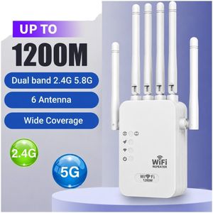 WiFi Repeater 1200M with 6 Antennas – 1200Mbps Dual Band Wireless Range Extender, 2 LAN Ports, Strong Wall Penetration, UK Plug – White