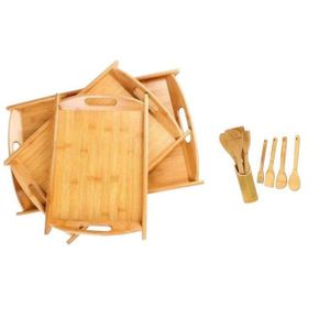 3 Piece Wooden Bamboo Serving Trays Platter and Bamboo Serving Cooking Spoons 5 Pieces - brown.