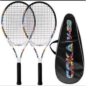 a set of two tennis rackets, featuring a one-piece aluminum carbon frame and a carbon fiber grip. 