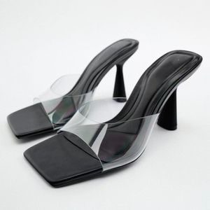 Womens Pvc Transparent Open Toe Slippers High Block Heels Sandals Slip On  Shoes