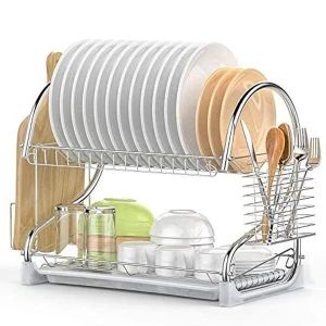 2 Layer Chrome Coated Kitchen Dish Drainer Organize Storage Rack - Plate, Cutlery Utensil, Fruits and Vegetable Drying Drain and Storage Stand