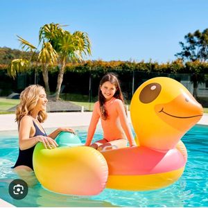 Intex Baby Duck Ride-On inflatable pool float, which features durable vinyl material and heavy-duty handles for safety.