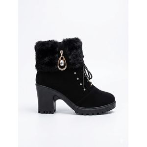 Luxe Nova Black Fur-Cuff Heeled Boots