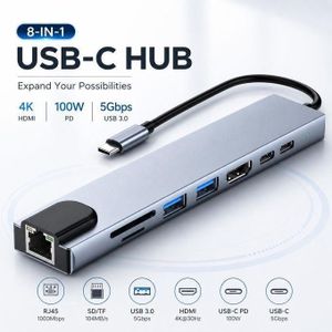 8-in-1 USB-C Hub Adapter - Ethernet, HDMI, 4K Output, Silver