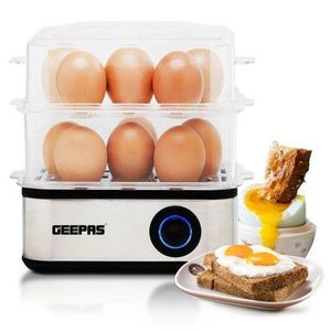 Geepas Electric Egg Boiler For 12 Eggs With Poacher & Omelette Maker Bowl, Can Boil, Poach And Make Omelettes - Black/Silver