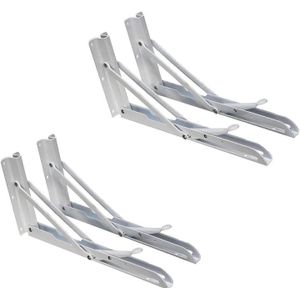 Heavy-duty, wall-mounted folding shelf support brackets -made of cold-rolled steel with a white baking finish.
