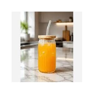 6Pieces Of Ribbed Glass Drinking Cup  Round Glasses Tumbler Clear Coffee Cups with Bamboo Lids and Straws Portable Water Bottles Milk Jar Can for Cocktail, Whiskey, Hot/Iced Coffee, Juice, Beer