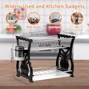 Large Capacity Dish Drying Rack 2 Tier Kitchen Sink Organzier Rack Stainless Steel Drying Rack Dish Drainer with Utensil Holder for Kitchen Countertop