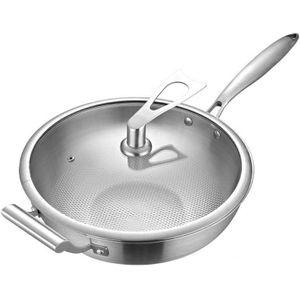 Honey Comb Structure Non-Stick Frying Pan 304 Stainless Steel Uncoated Physical Less Oil Smoke Wok Gas Induction Cooker Universal Frying Pan Soup Pot With Glass Lid 