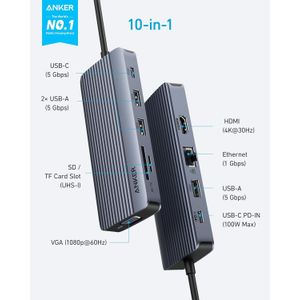 Anker 10-in-1 USB C Hub, Dual-Display USB C Docking Station, One 4K@30Hz HDMI, 1080p VGA, 100W Power Delivery, 5 Gbps