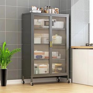 multi-functional metal storage cabinet with fluted glass doors and wheels
