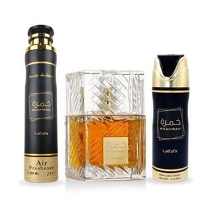 Lattafa  Khamrah Gift Set Containing EDP 100ml, Body Spray 200ml And Air Freshener 300ml