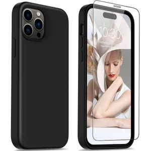 Universal Iphone 15 Pro Max Luxury Soft Rubber Liquid Silicone Case Cover With Glass Protector Black