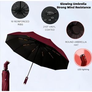 10 bone Fully Automatic Three Fold Umbrella, Rotatable LED Flashlight,Business Wind Resistant Folding Umbrella, Sunny Umbrella