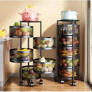 round, multi-layer, rotating kitchen storage rack with wheels - Black.