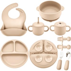 Bufims Silicone Baby Feeding Set, Baby Led Weaning Supplies, Eating Essentials Utensils with Suction Plate and Bowl, Pocket Bib, Sippy Cup with Lid, Forks Spoons Snack Container, for 6+ Months,