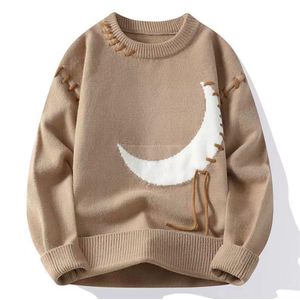 Light Brown Round-Neck Knitted Sweater with White Moon Pattern
