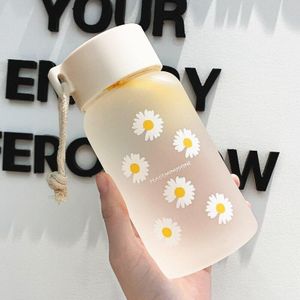 Cute Water Bottles Aesthetic Cute Water Bottles for Women Portable Kawaii  Little Daisy Frosted Glass Water Bottle with Straw Lid