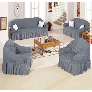 Sleeplo Stretchable Sofa Cover Set – Textured Elastic Slipcovers with Skirt Design - Grey