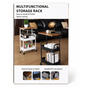 End Table with Rolling Casters, 3 Tier Metal Rolling Utility Cart Organizer with Walnut Table Top,Snack Coffee Side Tables,Kitchen Storage Carts with Wheels for Kitchen,Bathroom,Living Room