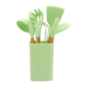 Cooking Utensils Set, Caliamary 8 PCS Silicone Kitchen Utensils Set with Holder Spoons Spatulas Tongs Whisk for Cooking, Non-Stick Heat Resistant Kitchen Tools and Gadgets with Wooden Handle- Multicolor